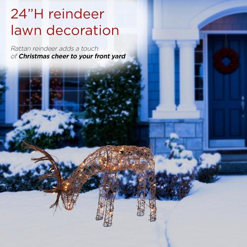 Alpine Corporation 24H Outdoor Rattan Grazing Reindeer Lawn Decoration with White Lights , Christmas Decoration