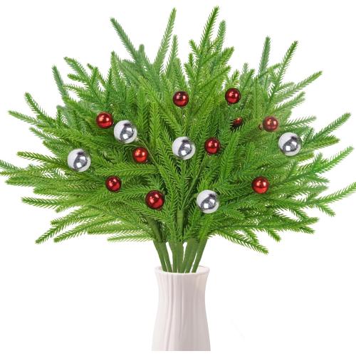 16 Pcs Artificial Pine Branches Fake Greenery Norfolk Pine Picks 17'' Artificial Christmas Berry Stems Xmas Pine Needles for Holiday DIY Crafts Flower Arrangements Decoration