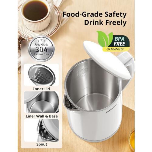 COMFEE' Electric Kettle and Tea Kettle, 1.5L Double Wall, Stainless Steel Interior, Lid & Spout, Fast Boil, Auto-Off, and Boil-Dry Protection, 1500W