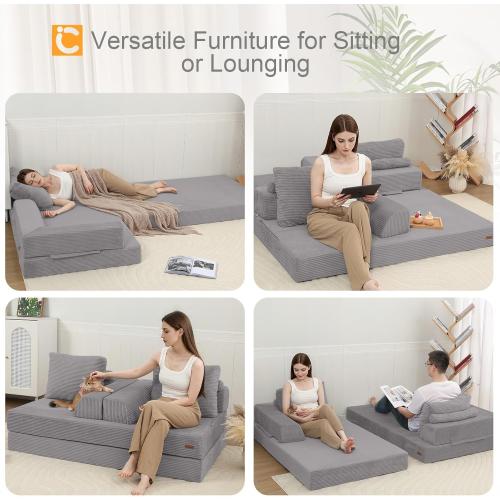 COMAX Convertible Sofa Bed Queen, Folding Floor Couch Corduroy Fold Out Couch Bed Futon Sleeper Mattress with Pillows, Boneless Sofa Comfy Lounge Loveseat for Living Room Bedroom, Light Grey