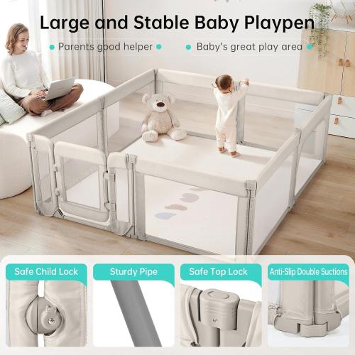 Baby Playpen with Door, Foldable Adjustable Play Pen for Babies and Toddlers,Heavy-Duty Play Yard Fence Play Area, Large Toddler Playpen,Khaki
