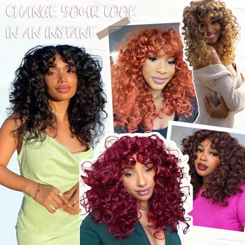 Curly Afro Wig for Black Women Curly Wigs with Bangs 18 Inch Long Curly Afro Synthetic Wig for Cosplay and Daily(Black)