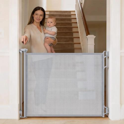 SPACEANY Retractable Baby Gate for Stairs & Doorways - 55 Wide Portable Safety Gate | Fits Baseboards, Easy to Use Indoor/Outdoor | Mesh Gate for Dogs, Puppies, Gray