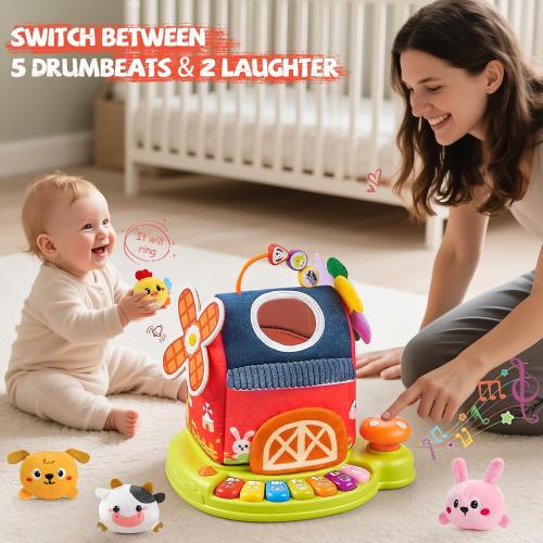 Musical Baby Toys 6-12 Months, Surprise Barn with 7 PCS Stuffed Farm Animals, 4 Mode Sound and LED Lights, Montessori Sensory Toys for 6 12 Months, Ideals 6 7 8 9 Month Old Baby Gifts Toy