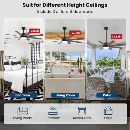 60 Inch Ceiling Fans with Lights and Remote, Dual Color 6 Blades, Bedroom Living Room Office Library Cafe Outdoor Industrial, 3CCT Dimmable, 6 Speed Reversible Quiet DC Motor, Brown/Wood Grain
