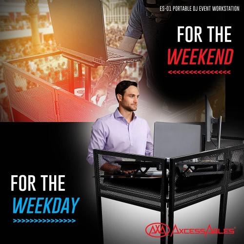 AxcessAbles Portable DJ Facade Booth with Black and White Lighting Scrims, Carry Cases | Standing DJ Table - 40 x 20 | DJ Controller Stand | Recording Mixer Stand | DJ Booth (ES-01)