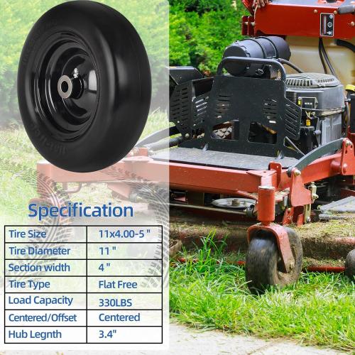 11x4.00-5” NHS Flat Free Lawn Mower Tire and Wheel with 3/4 or 5/8 Bushings, 3.4-4-4.5-5 Centered Hub, Smooth Tread Tire for Zero Turn Mowers, 2 Pack