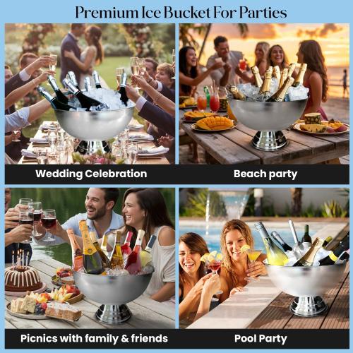 Premium 12L Large Ice Bucket for Parties – 16x16x10 Silver Stainless Steel Beverage Tub with Scoop – Insulated Ice Bucket for Cocktail Bar, Beers & Champagnes – 1.77kg Drink Bucket for Celebrations