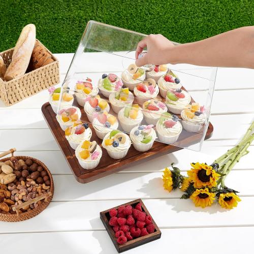 HouseJoy Acacia Wood Cake Stand with Lid-Extra Large 17 Rectangular Cake Holder,2-in-1 Dessert Table Display Set & Charcuterie Board,Acrylic Cake Dome Cover for Cheese/Veggie/Desert /Chips & Dip