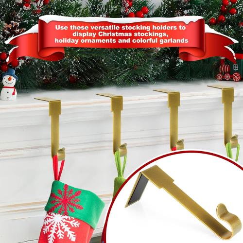 Gold Stocking Holdears for Mantle Set of 4, Christmas Stocking Holders, Stocking Hangers Hooks for Mantle for Christmas Ornaments for Counter Tables, Fireplace Mantle Decoration