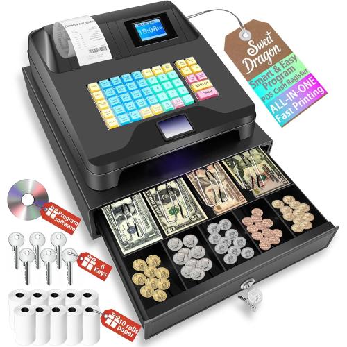 Color Black Sweet dragon Cash Register Pos Systems for Small Businesses - Easy Programming Commercial Caja Registradora Para Negocio with Cash Drawer Money Tray Lock Box,Coin Drawer,Dual Display, Restaurant Supermarket Retail