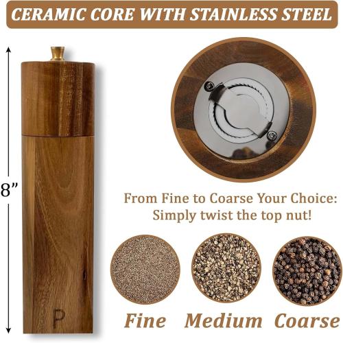 Wooden Salt And Pepper Grinder Set - 8″ Acacia Mills, Adjustable Ceramic Core, Refillable Wood Salt and Pepper Shakers With Tray, Spoon & Brush