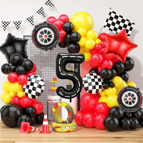 Race Car Balloons,40 Inch Racetrack Number 5 Balloon,Big Number Balloons Black for 0st Birthday Race Car Theme Party Decor Supplies 7 Pcs