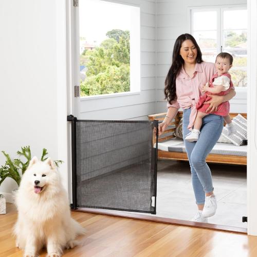 Retractable Baby Gate Perma Child Safety 33 Tall x 71” Wide, Mesh, for Stairs, Doorways, Dogs, Pets, Indoor, Outdoor, One-Handed Operation, Locking, Easy Install, Hardware Mount, Black