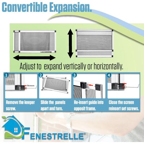 Fenestrelle Expandable Window Screen – 20″ H × 28″–54″ W Horizontal, 2‑Way Adjustable Window Screen with Flame Resistant Fiberglass Mesh, Pack of 2
