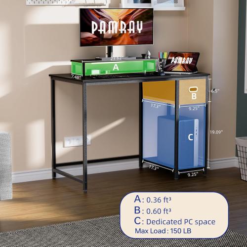 Pamray 39 Inch Computer Desk with Monitor Stand Small Home Office Desks with Non-Woven Storage Drawer for Bedroom Study Table Writing and Work Desk Black