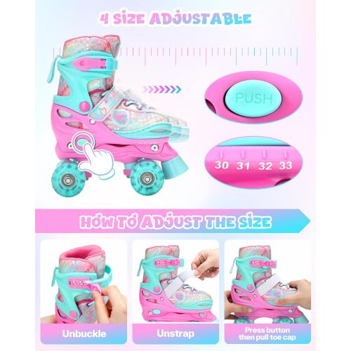 Sportneer Kids Roller Skates: 4 Size Adjustable Quad Skates with Light Up Wheels for 5-8, 8-12 Girls Boys Kids Toddlers Beginners, Birthday Gift with Protective Gear Set for Outdoor Indoor