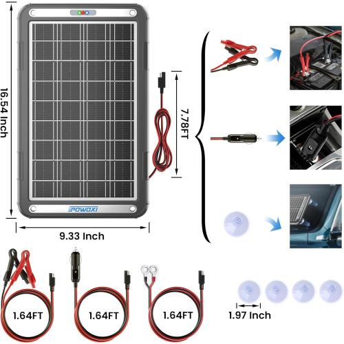 POWOXI 12V Solar Car Battery Charger: 15W Solar Trickle Charger Maintainer with MPPT Controller for Car - RV Boat Marine Motorcycle - Solar Panel Kit for Automotive Trailer Truck Snowmobile Tractor