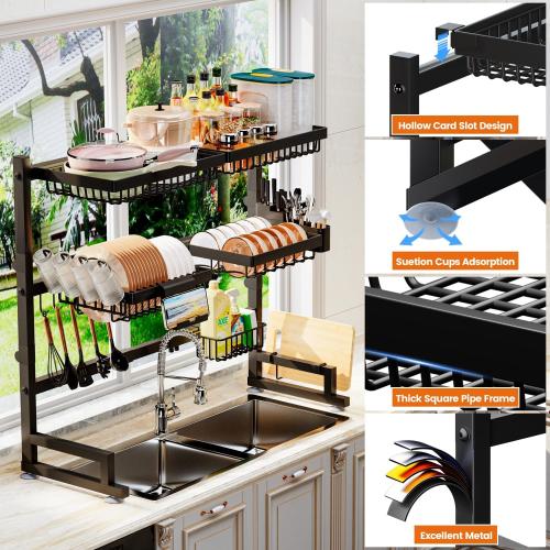 Over The Sink Dish Drying Rack 27-40L x 12W x 32.5-37H (inches) (Expandable Height and Length) Snap-On Design 2 Tier Large Dish Rack