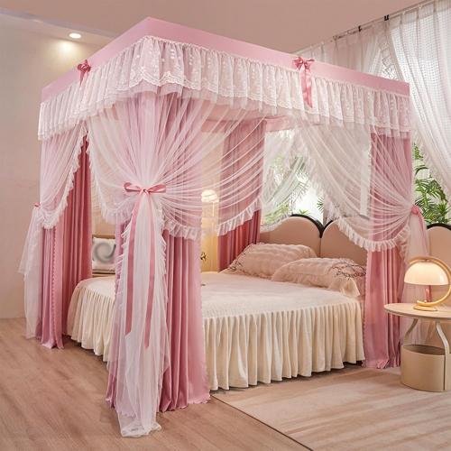 4 Corners Post Ruffle Luxurious Lace Princess Bed Canopy Curtain,Elegant Double Layer Cozy Drape Netting Bed Curtain for Twin Full Queen King Size Bed Drapes(Peach Pink,180x200cm/Queen)