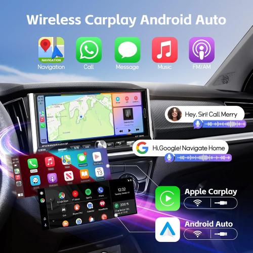 Single Din Radio Car Stereo with Wireless Apple Carplay & Android Auto, 6.9 UHD Touchscreen Car Stereo with Bluetooth, 1080P Backup Camera Mirror Link Navigation USB Type-C Fast Charging FM/AM EQ SWC
