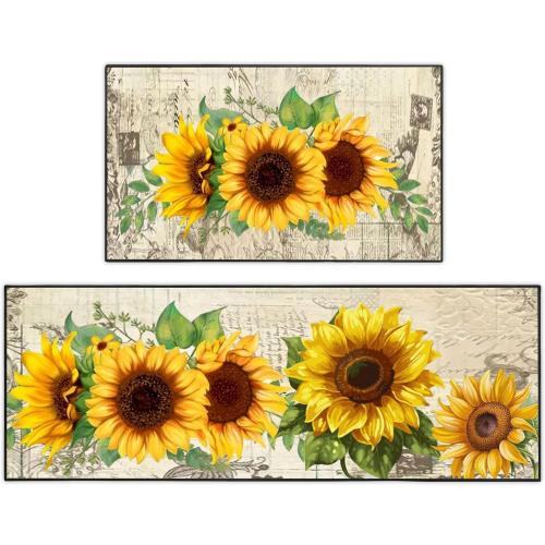 ACZHHZC Sunflower Kitchen Rug 2 Piece Set, Non-Slip Absorbent Washable Runner Carpet Home Vintage Farmhouse Kitchen Decoration 17x30 17x47 Inches (Yellow)
