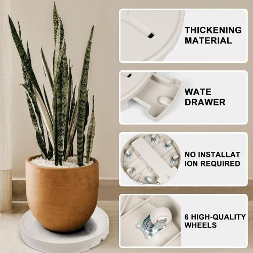 Beige Plant Caddy with Wheels Heavy Duty, Movable Round Rolling Plant Stand Plant Dolly with Invisible Wheels and Water Drawer