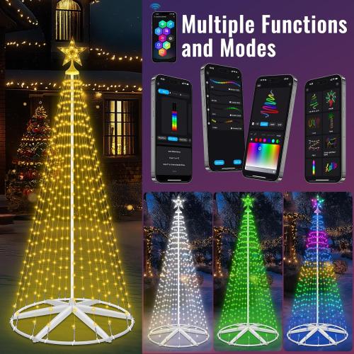8FT Lighted Outdoor Christmas Tree Smart App Control, 388 LEDs RGB Chirstmas Cone Tree Lights Music Sync, DIY Prelit Christmas Tree Lightshow, Magical Xmas String Lights Timer Remote for Yard Decor