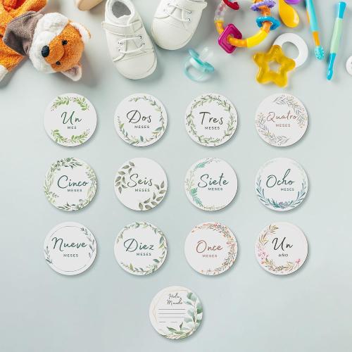 Baby Monthly Milestone 12 Sets - Monthly Baby Milestone Wooden Circle with Hello World Newborn Sign, 1-12 Baby Months Signs for Boy and Girl… (Spanish)