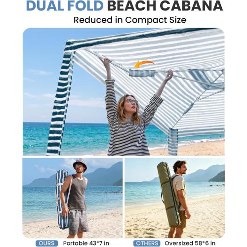 Beach Cabanas for Sand, Foldable Beach Canopy with Sandbags 8' | 43 Compact Fold, 8' x 8' Fits 6 Person, UPF 50 , Wind-Resistant, Privacy Side Wall, Easy Setup, 6.5-8' Adjustable Height