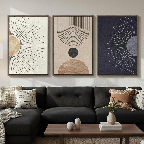Framed Large Boho Neutral Abstract Wall Art for Living Room, Black Beige Sun and Moon Paintings Prints for Hallway Office, Set of 3 Piece Modern Minimalist Canvas Artwork Pictures 24x36 Inch