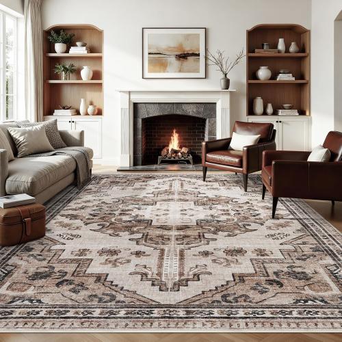 Joydeco 8x10 Area Rugs for Living Room, Non Slip Machine Washable Vintage Rug, Low Pile Chenille Print Rugs for Bedroom, Dining Room, Home Office, Pet & Child Friendly, Light Coffee