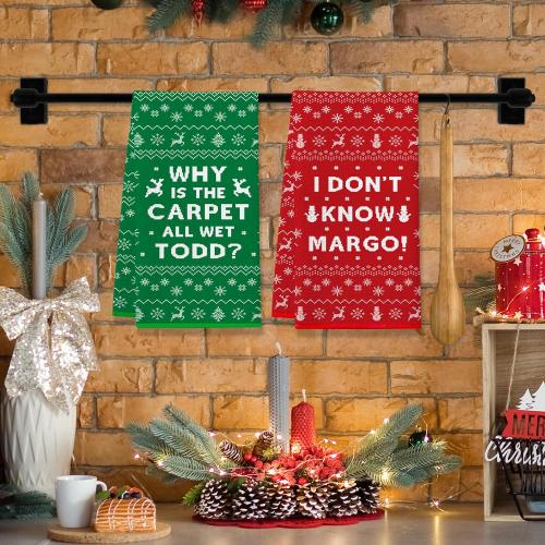 Christmas Vacation Decorations, 2Pcs Funny Holiday Kitchen Towels, Griswold Family Cousin Eddie Christmas Vacation Merch, Xmas Bathroom Hand Towels - Why is The Carpet All Wet? I Don't Know Margo