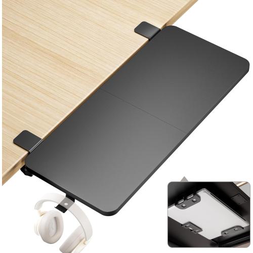 PEGZONE Desk Extender Tray, 28 x 12 Clamp On Desk Shelf, Desk Extension with Laptop Holder, Table Desk Arm Rest, Clamp On Keyboard Tray for Office and Home, Workstation Organizer, Large, Black