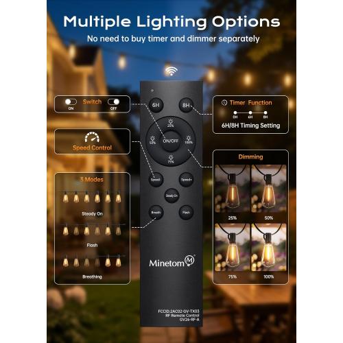 Minetom 100FT Outdoor String Lights with Remote, ST38 Patio Lights Dimmable | Waterproof LED Christmas Lights with 3 Modes, Shatterproof Connectable Outside Lights for Backyard Porch Deck Garden Decor
