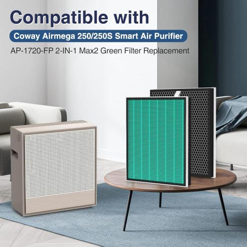 2 Pack 250/250S Replacement Filters for Coway Airmega 250 250S Air Purifier, Max 2 Green HEPA and Activated Carbon Filter Set, AP-1720-FP