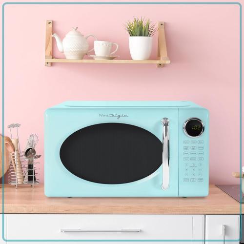 Color Blue Nostalgia Retro Microwave Oven - 0.7 Cu Ft, 700-Watt Countertop Size with Glass Turntable, Child Safety Lock, 8 Auto-Cook Programs, Digital Clock - Aqua