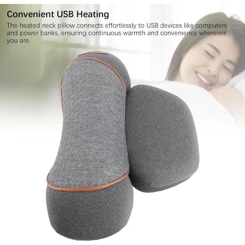 Neck Support Pillow Memory Foam with Detachable Pillowcase, Grey, USB Plug in 3 Temperatures - Soothing Heat Function, Customizable Comfort for Sleeping and Relaxation