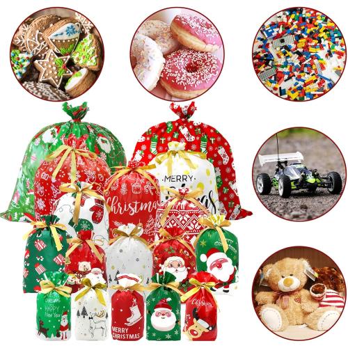 Pseutio 42 PCS Christmas Drawstring Gift Bags Assorted Sizes Drawstring Christmas Bags for Gifts with Rope for Xmas Holiday Presents Party Favor