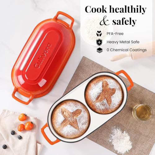 Cast Iron Bread Pan with Lid, Mini Enamel Sourdough Baking Dutch Oven Pot, Double Round Loaf Space for Homemade, Bread, Cake, Meatloaf, 16.5cm Diameter, 500°F Oven Safe, Non Stick, Orange