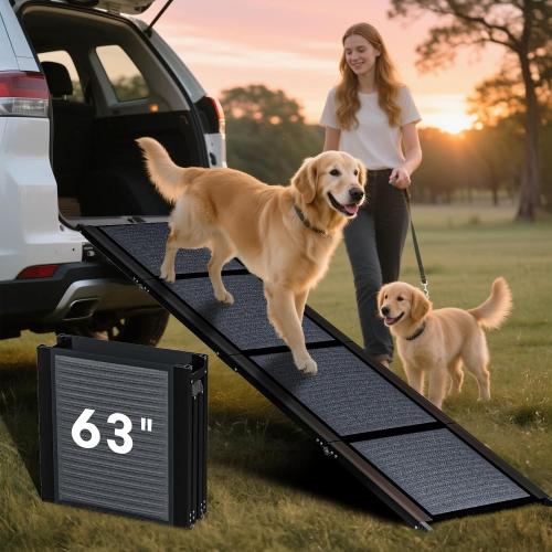 HBTower 63 Long & 17.3 Wide Folding Dog Ramp for Car, SUV & Truck – Portable Pet Ramp with Non-Slip Surface, Extra Wide Steps for Large Dogs Up to 250LBS