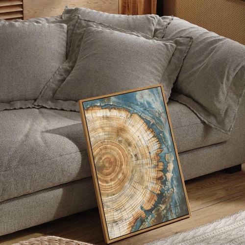 BingruiArt Faux Wood Tree Ring 08 Canvas Wall Art 16x24 Framed | Boho Abstract Nature Wall Decor, Green Abstract Wood Grain and Tree Stump Print, Living Room Bedroom Bathroom or Office