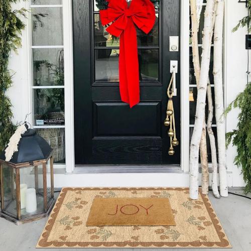 Front Door Mat Indoor Outside Entrance 2x3 Tan Floral Scalloped Rug
