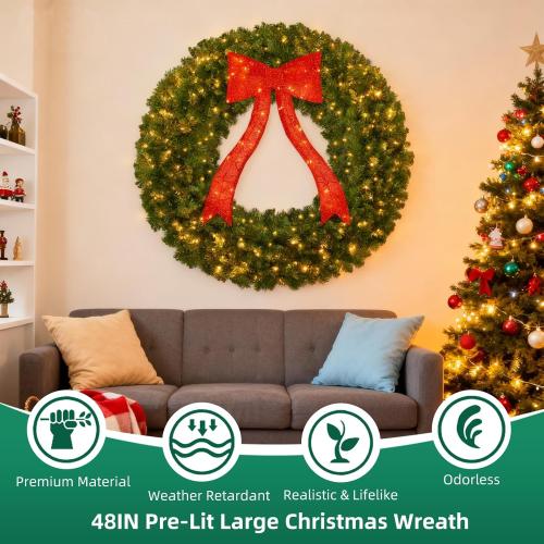 VINCONLIDY 48in Prelit Christmas Wreath - Large Outdoor Christmas Wreath with Lighted Red Christmas Bow, Metal Hook, 714 Branch Tips & 250 Multicolor LED Lights for Front Door Window Holidy Decor
