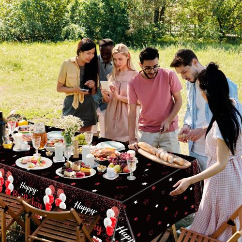 2 Pack Black Red Happy Birthday Tablecloths, 51x87'' Plastic Disposable Rectangle Birthday Party Table Covers for Women Girls Birthday Party Decorations Supplies