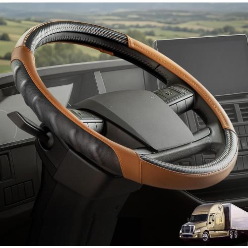 18 Inch Semi Truck Steering Wheel Cover for Freightliner Cascadia, Kenworth T680 T880, Peterbilt 579 & Volvo VNL – Heavy Duty Anti-Slip Leather Grip for Big Rig Class 8 Trucks – Brown