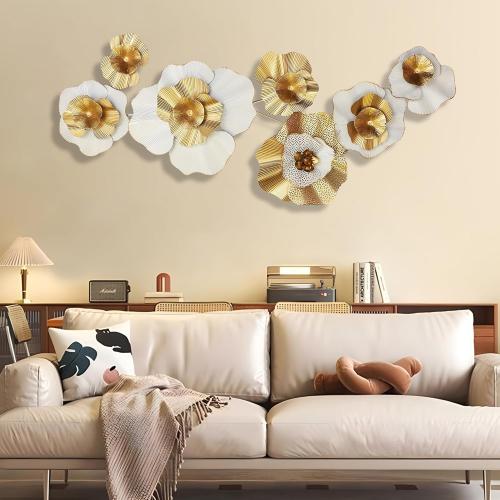 White Gold Abstract Wall Decor - Modern Metal Wall Sculptures, Large 3D Vertical 49*25 Flower Wall Decor for Living Room, Dining Room, Bedroom