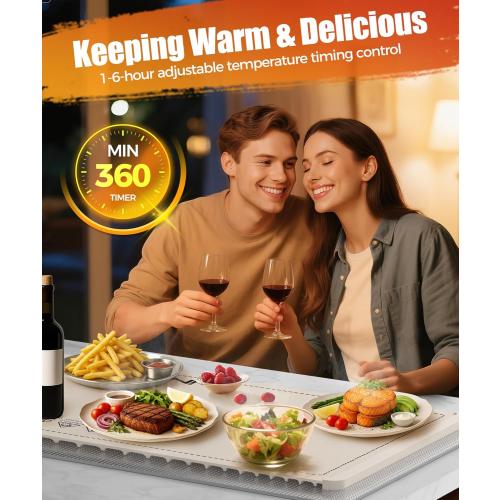 Extra Large Food Warming Mat with Heat-Resistant Pad, 36X15 Inch, 6 Temperature & 6 Timer Settings, Child Lock Safety, Fits More Dishes for Family Dinners and Parties