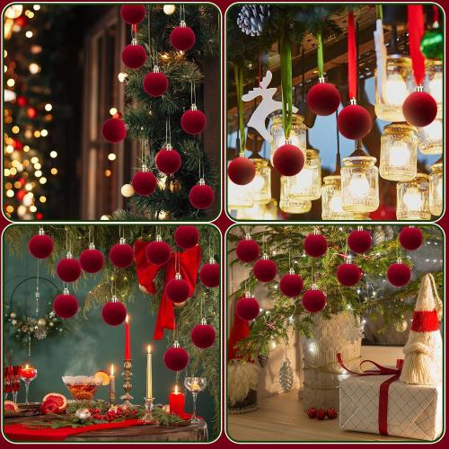 Menkxi 15 Pcs Christmas Velvet Balls 1.97 Flocked Christmas Hanging Ornaments Handmade Velvet Balls Xmas Tree Ornaments Xmas Tree Bulbs for Wedding Anniversary Party (Red)