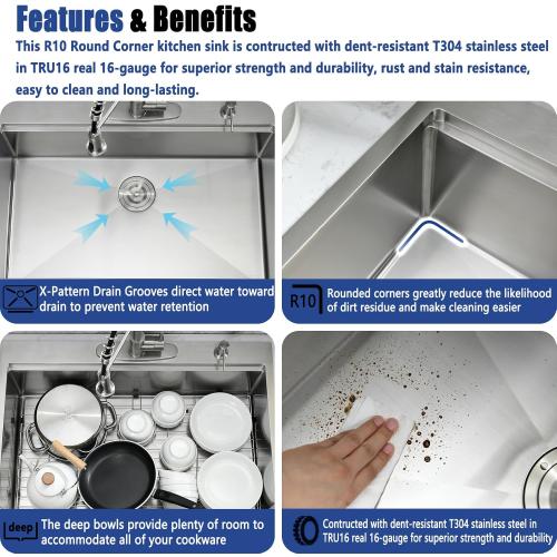 33 x 22 Drop In Kitchen Sink with Faucet Combo - 33x22 Drop In Sink and Faucet Combo Set,Stainless Steel 10 Inch Deep Single Bowl Workstation Sinks with Accessories